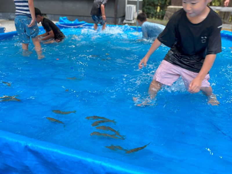 狙いを定めて鮎に近づく男の子
